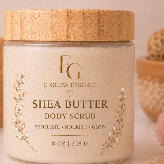Shea butter body scrub jar with decorative elements on a soft pink background