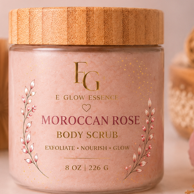 E Glow Essence Moroccan Rose Body Scrub jar with decorative elements