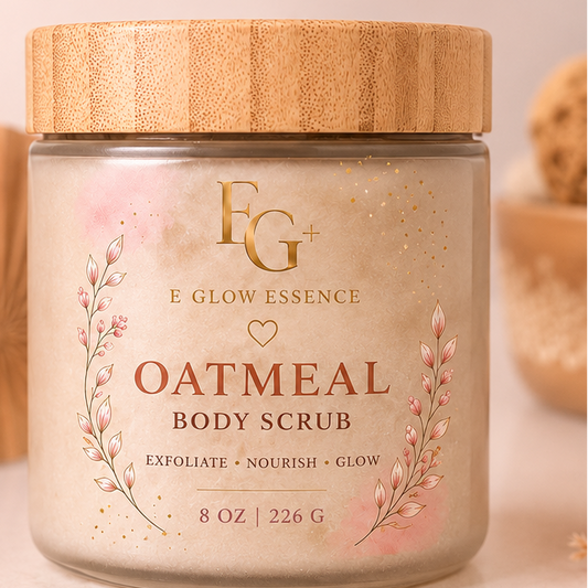 Oatmeal body scrub jar with decorative elements on a soft pink background